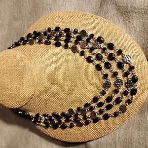 Nine West Four Strand Silver Hammered Medallions & Faceted Black Beads Necklace